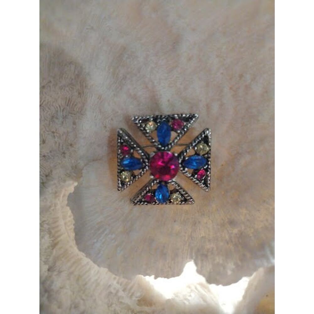 Vintage Maltese Cross Silver Tone Pin‎ with Pink, Blue and Yellow Stones